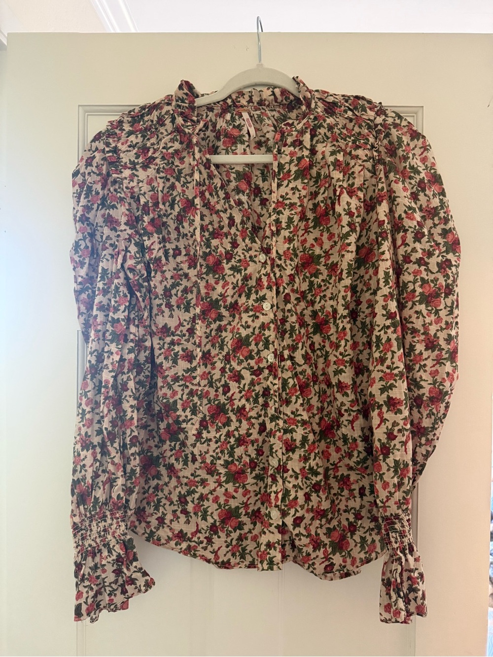 Free People Cream Button-Down Blouse with Floral Print